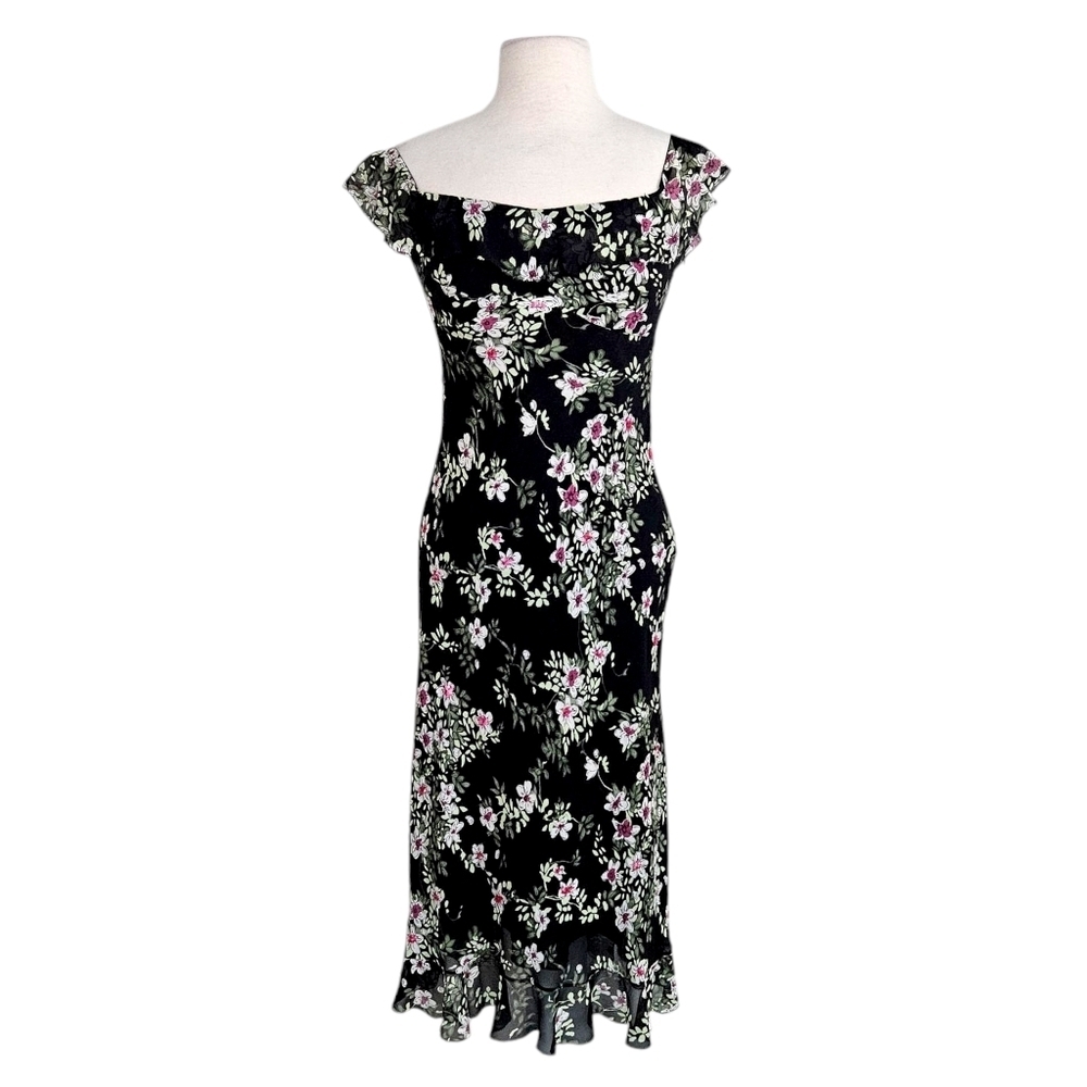 Nicole Miller New York Silk Black Floral Ruffle Dress